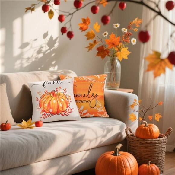Fall Pumpkin Pillow Covers 18x18 Set of 4 Linen Throw Cases Autumn Thanksgiving - Picture 5 of 7